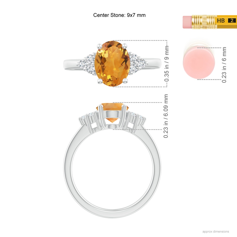 9x7mm AA Solitaire Oval Citrine Ring with Trio Diamond Accents in White Gold ruler
