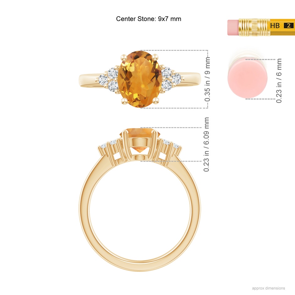 9x7mm AA Solitaire Oval Citrine Ring with Trio Diamond Accents in Yellow Gold ruler