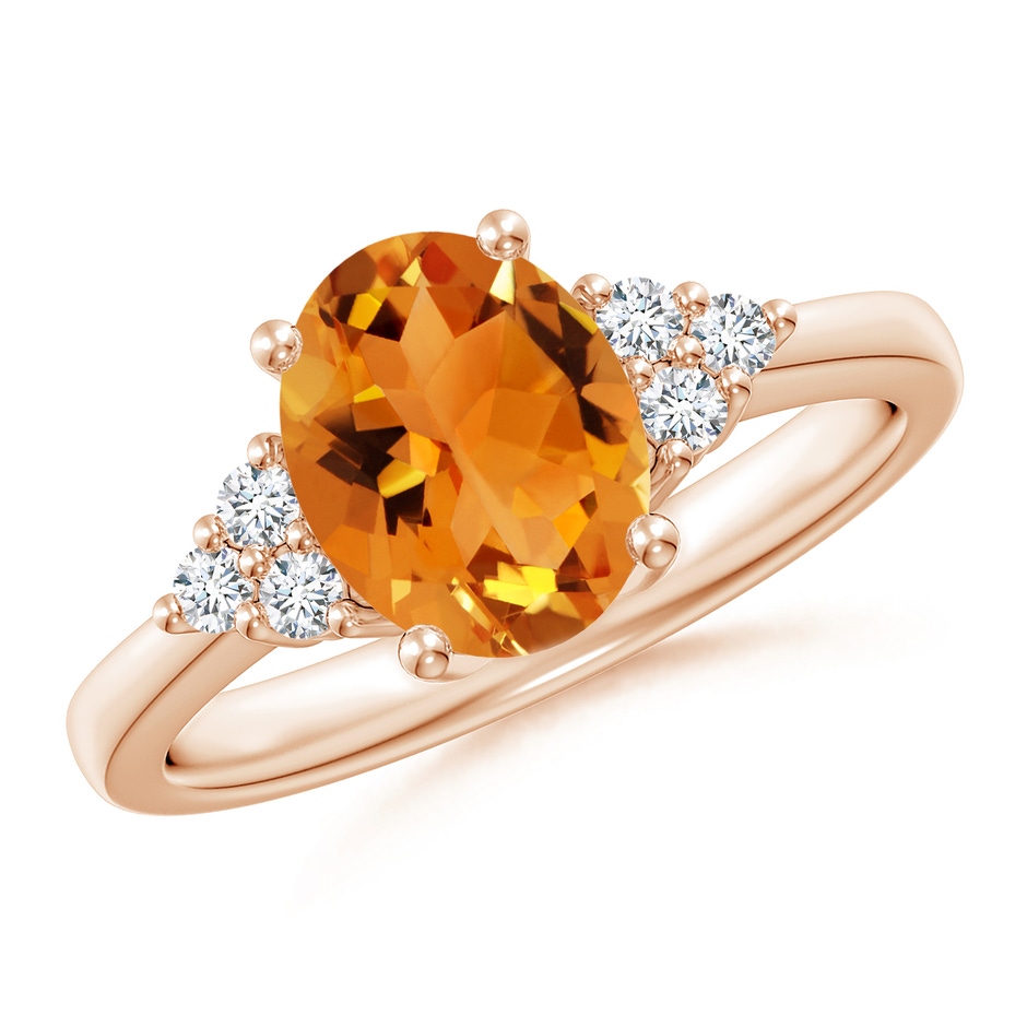 9x7mm AAA Solitaire Oval Citrine Ring with Trio Diamond Accents in Rose Gold 