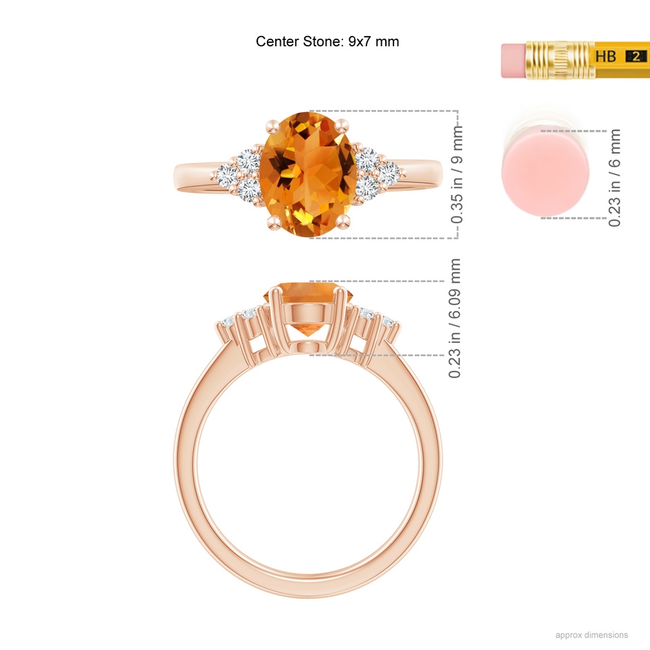 9x7mm AAA Solitaire Oval Citrine Ring with Trio Diamond Accents in Rose Gold ruler