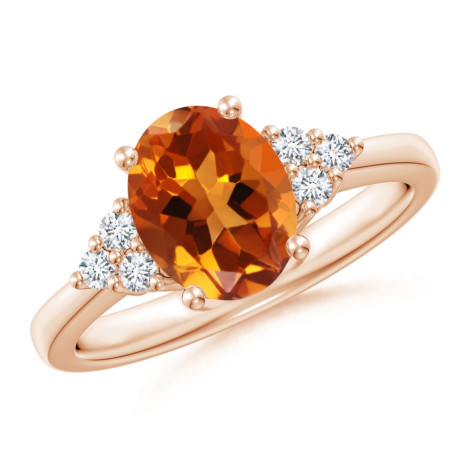 9x7mm AAAA Solitaire Oval Citrine Ring with Trio Diamond Accents in Rose Gold 