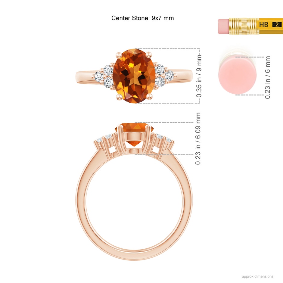 9x7mm AAAA Solitaire Oval Citrine Ring with Trio Diamond Accents in Rose Gold ruler