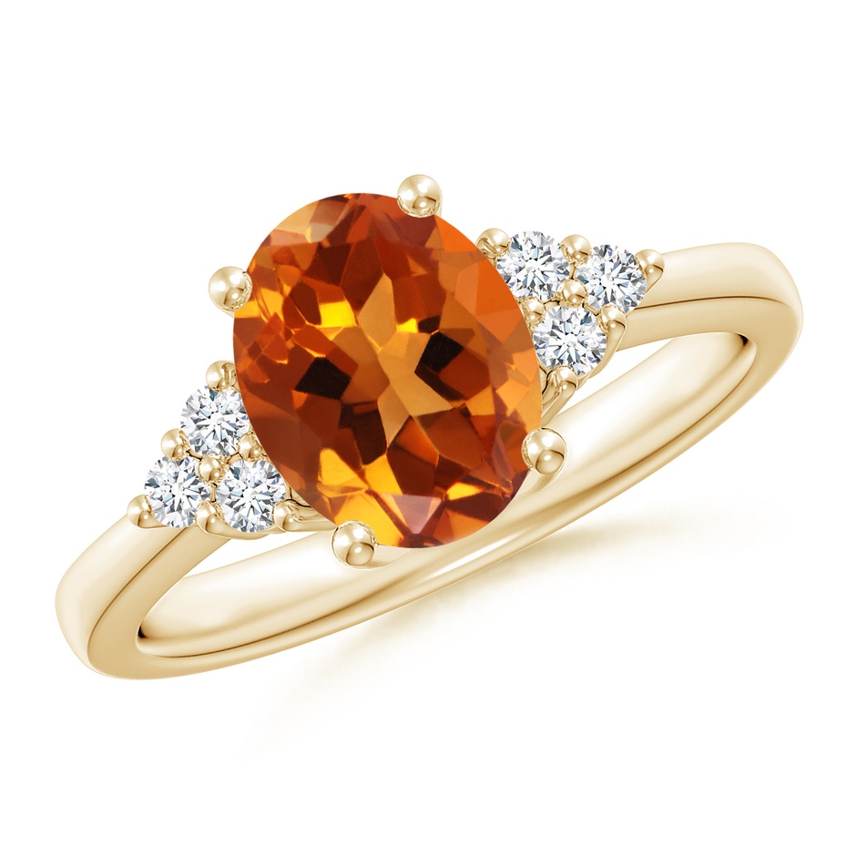 9x7mm AAAA Solitaire Oval Citrine Ring with Trio Diamond Accents in Yellow Gold 