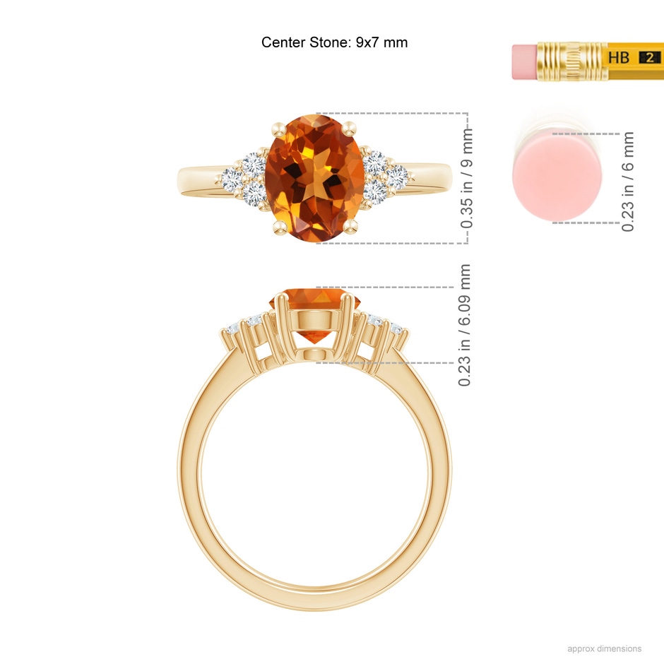 9x7mm AAAA Solitaire Oval Citrine Ring with Trio Diamond Accents in Yellow Gold ruler