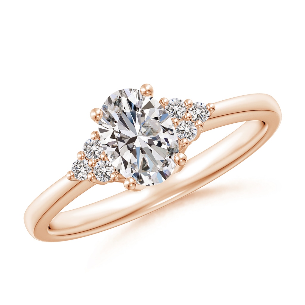 7x5mm IJI1I2 Solitaire Oval Diamond Ring with Trio Diamond Accents in Rose Gold