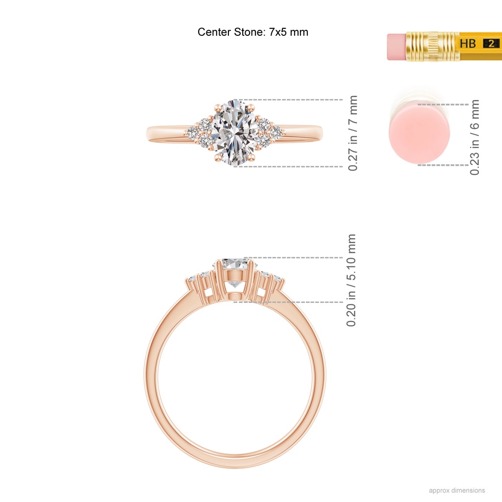 7x5mm IJI1I2 Solitaire Oval Diamond Ring with Trio Diamond Accents in Rose Gold ruler