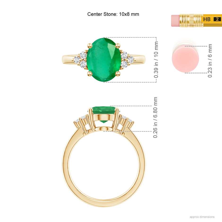 10x8mm A Solitaire Oval Emerald Ring with Trio Diamond Accents in Yellow Gold ruler