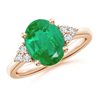 10x8mm AA Solitaire Oval Emerald Ring with Trio Diamond Accents in 9K Rose Gold