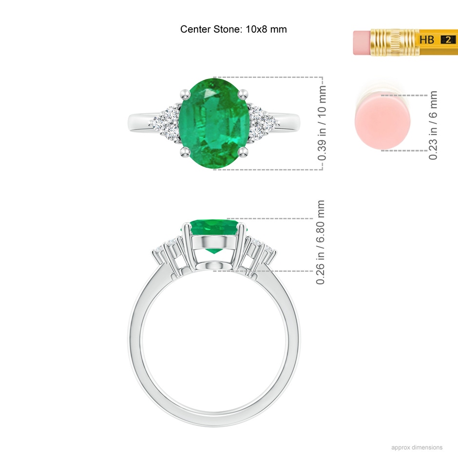 10x8mm AA Solitaire Oval Emerald Ring with Trio Diamond Accents in P950 Platinum ruler