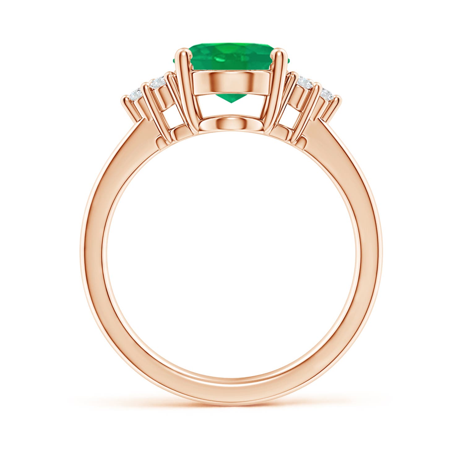 10x8mm AA Solitaire Oval Emerald Ring with Trio Diamond Accents in Rose Gold