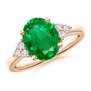 10x8mm AAA Solitaire Oval Emerald Ring with Trio Diamond Accents in 9K Rose Gold