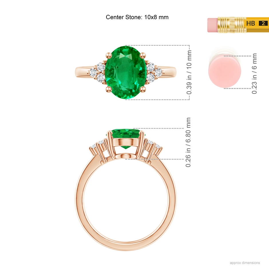 10x8mm AAA Solitaire Oval Emerald Ring with Trio Diamond Accents in Rose Gold ruler