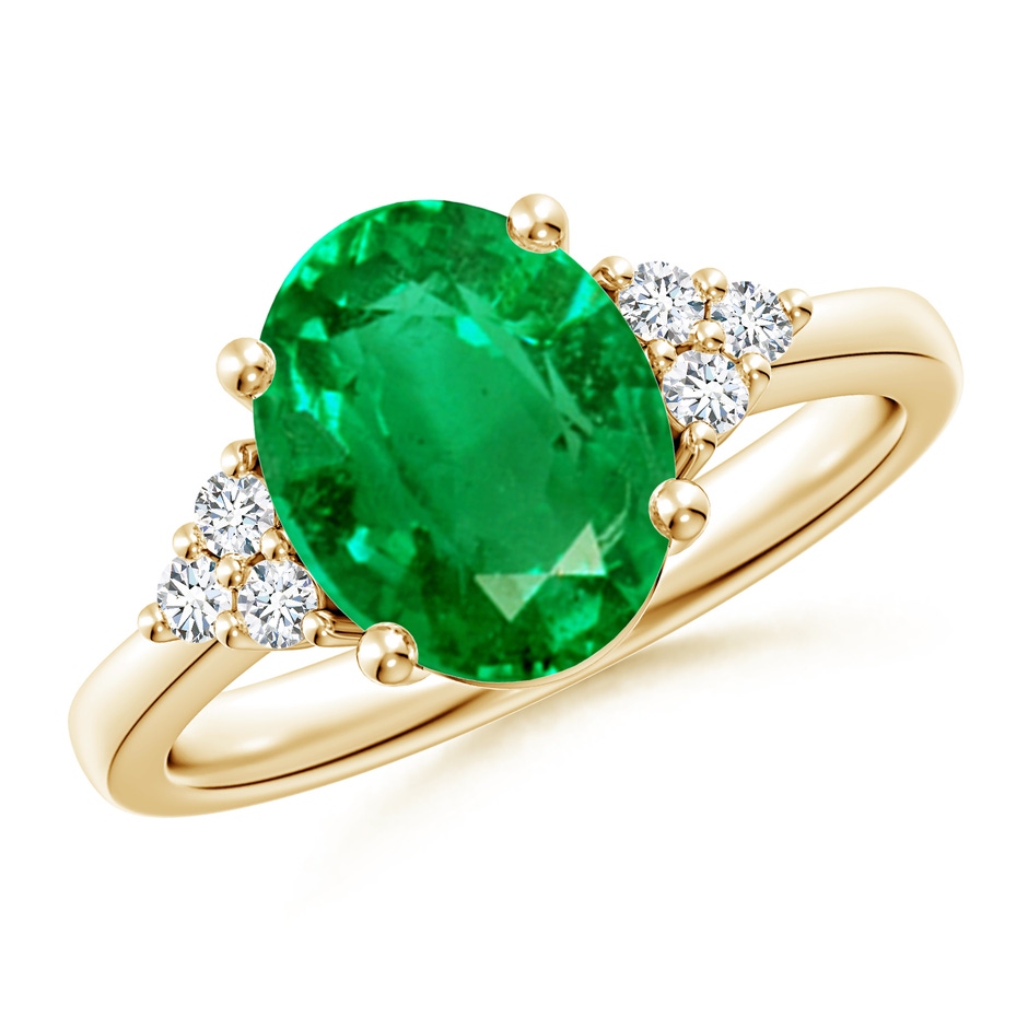 10x8mm AAA Solitaire Oval Emerald Ring with Trio Diamond Accents in Yellow Gold 