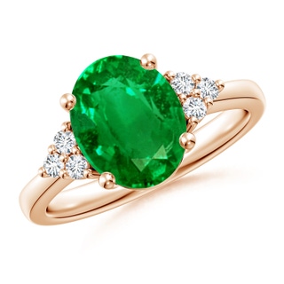 10x8mm AAAA Solitaire Oval Emerald Ring with Trio Diamond Accents in 9K Rose Gold