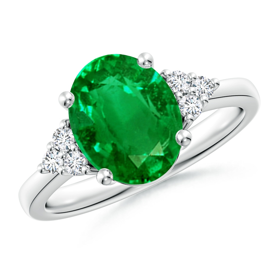 10x8mm AAAA Solitaire Oval Emerald Ring with Trio Diamond Accents in P950 Platinum 