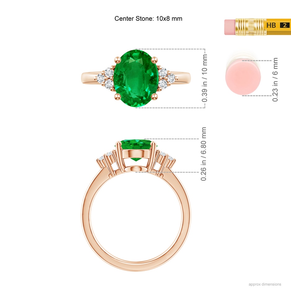10x8mm AAAA Solitaire Oval Emerald Ring with Trio Diamond Accents in Rose Gold ruler