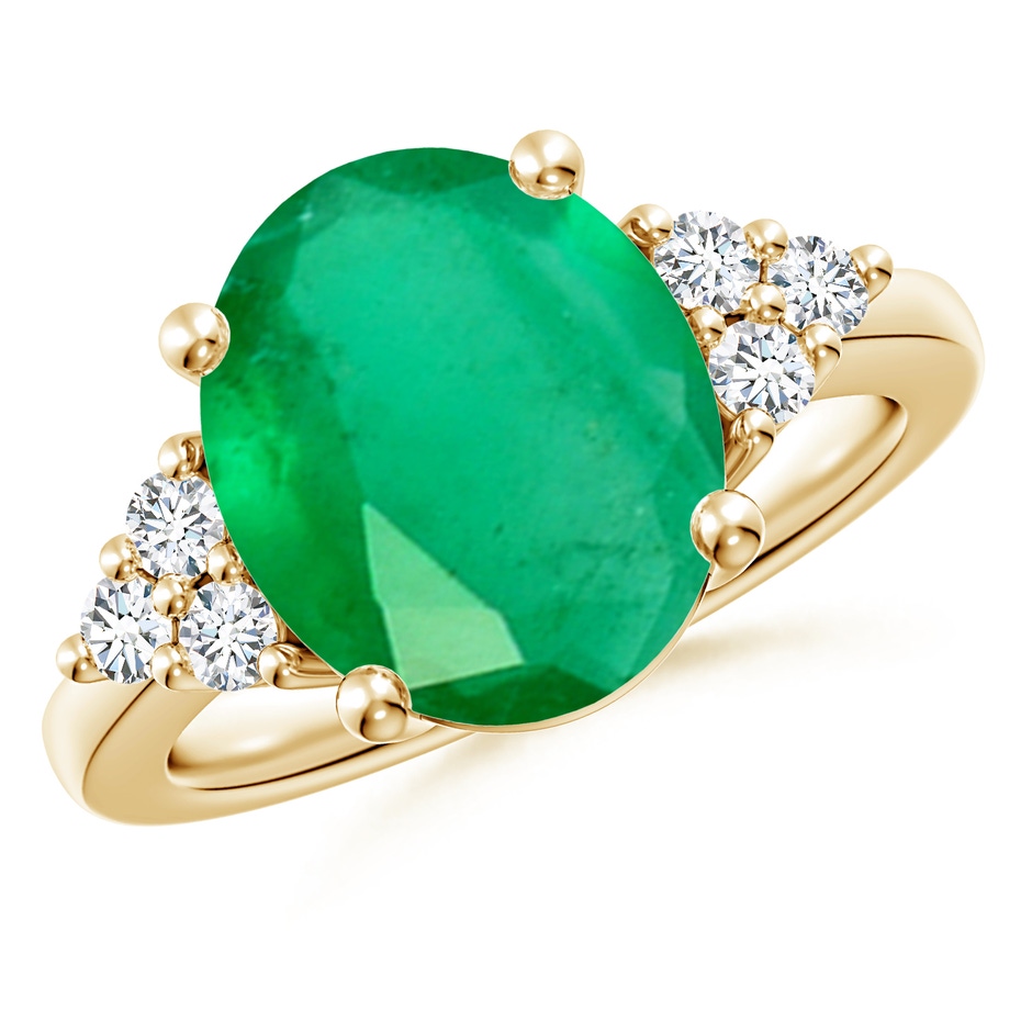 12x10mm A Solitaire Oval Emerald Ring with Trio Diamond Accents in Yellow Gold 