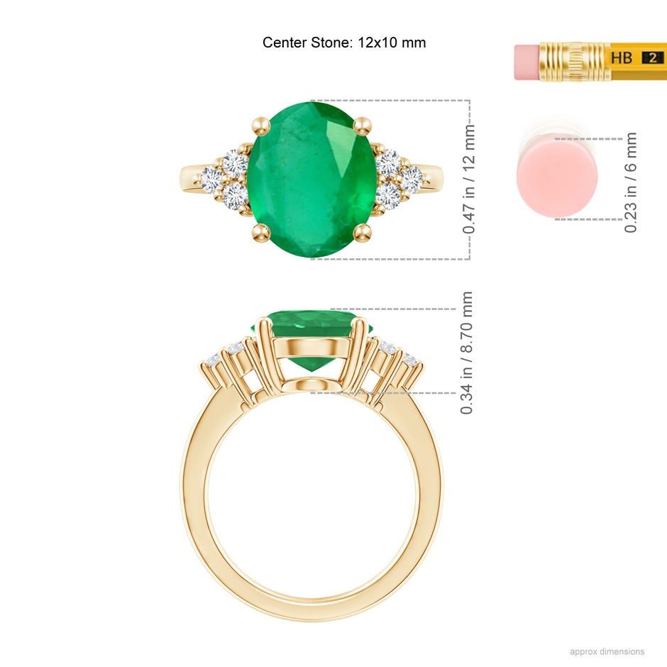 12x10mm A Solitaire Oval Emerald Ring with Trio Diamond Accents in Yellow Gold ruler