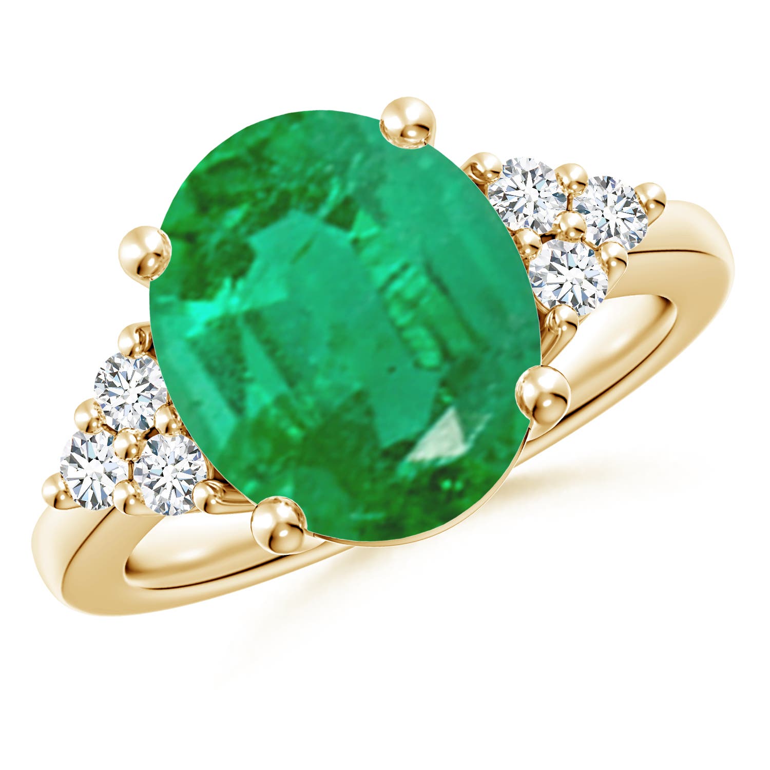 12x10mm AA Solitaire Oval Emerald Ring with Trio Diamond Accents in Yellow Gold