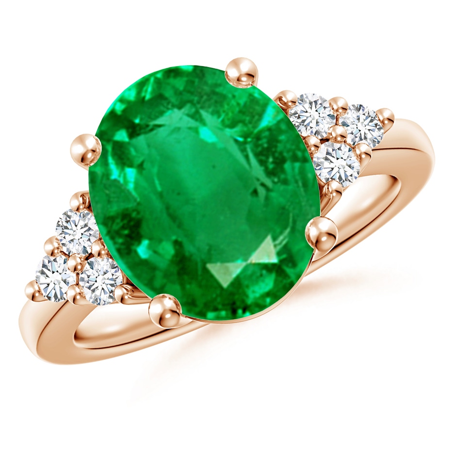 12x10mm AAA Solitaire Oval Emerald Ring with Trio Diamond Accents in Rose Gold 