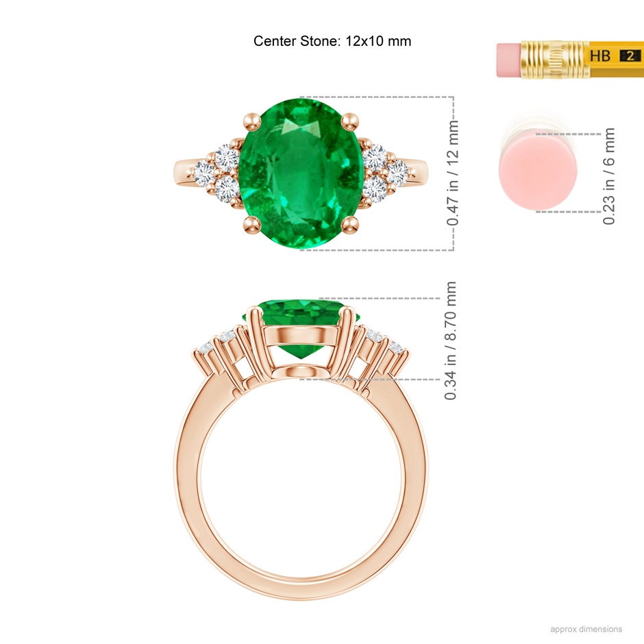 12x10mm AAA Solitaire Oval Emerald Ring with Trio Diamond Accents in Rose Gold ruler