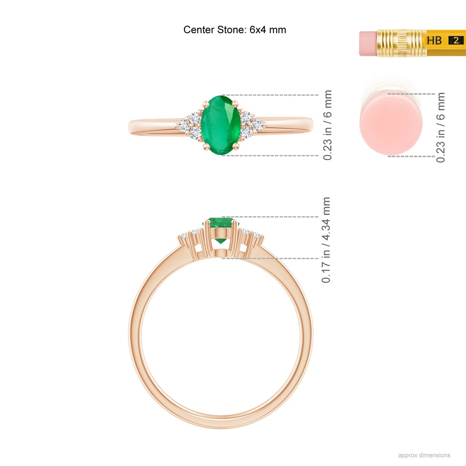 6x4mm A Solitaire Oval Emerald Ring with Trio Diamond Accents in Rose Gold ruler
