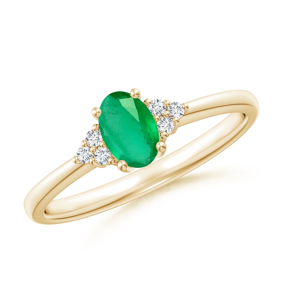 6x4mm A Solitaire Oval Emerald Ring with Trio Diamond Accents in Yellow Gold 