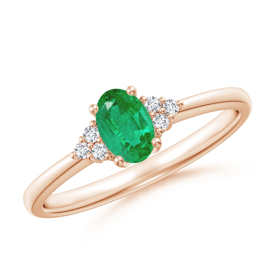 6x4mm AA Solitaire Oval Emerald Ring with Trio Diamond Accents in Rose Gold 