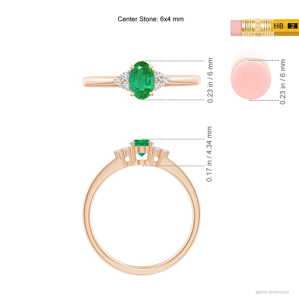 6x4mm AA Solitaire Oval Emerald Ring with Trio Diamond Accents in Rose Gold ruler