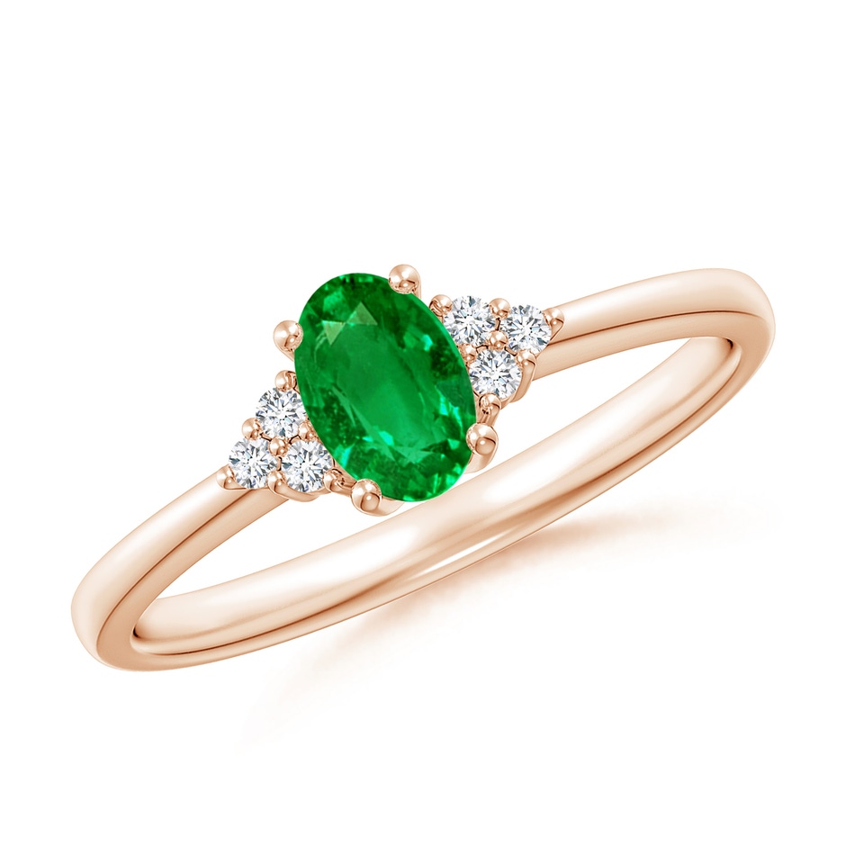 6x4mm AAAA Solitaire Oval Emerald Ring with Trio Diamond Accents in Rose Gold 