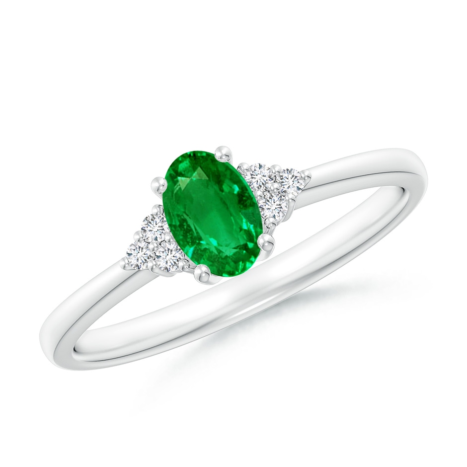 6x4mm AAAA Solitaire Oval Emerald Ring with Trio Diamond Accents in White Gold 