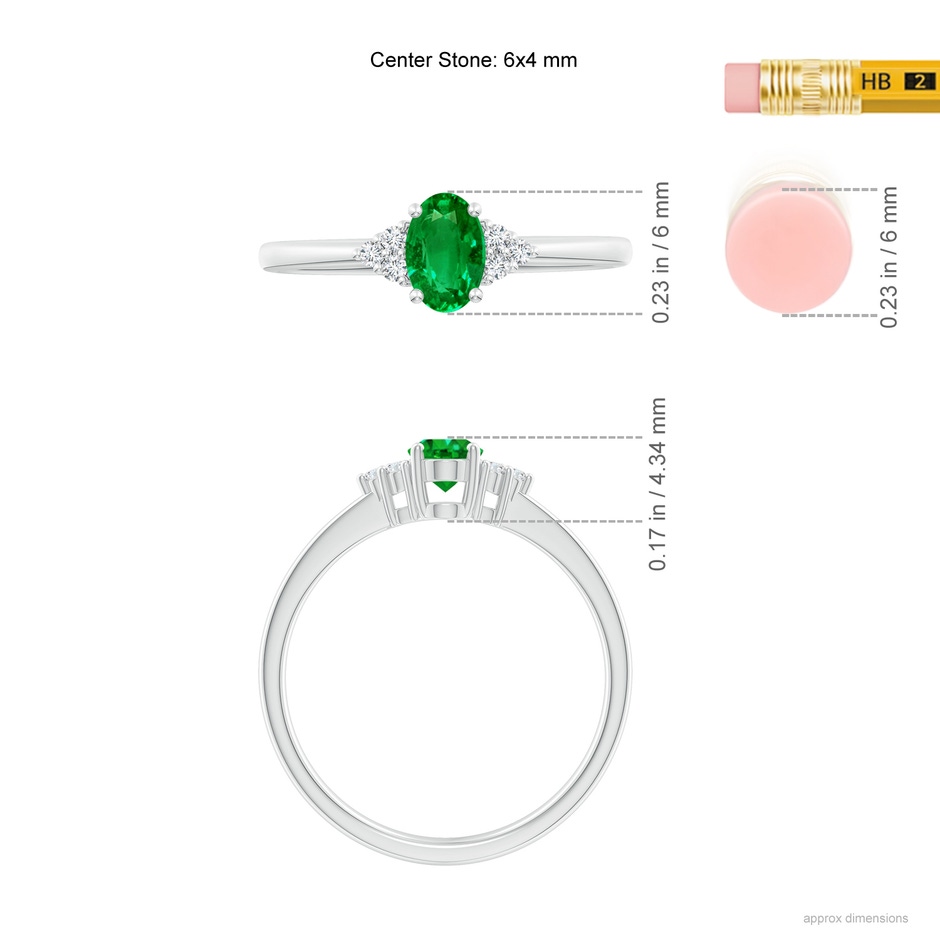 6x4mm AAAA Solitaire Oval Emerald Ring with Trio Diamond Accents in White Gold ruler