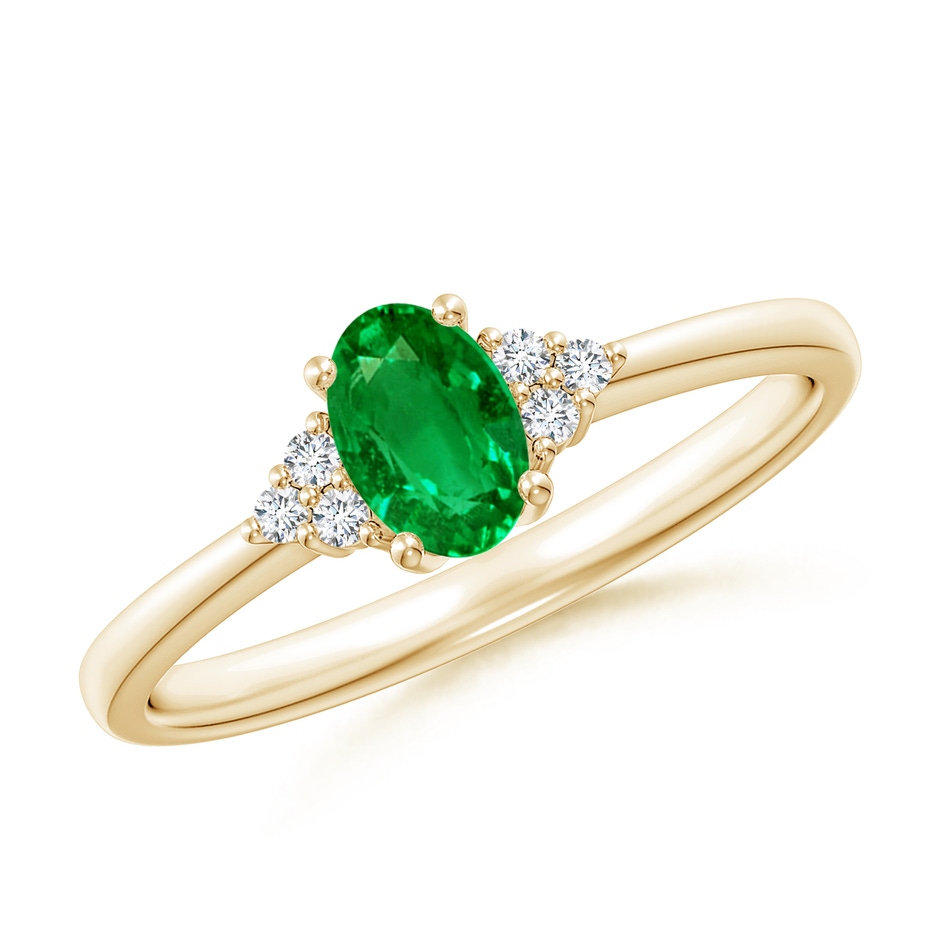 6x4mm AAAA Solitaire Oval Emerald Ring with Trio Diamond Accents in Yellow Gold 