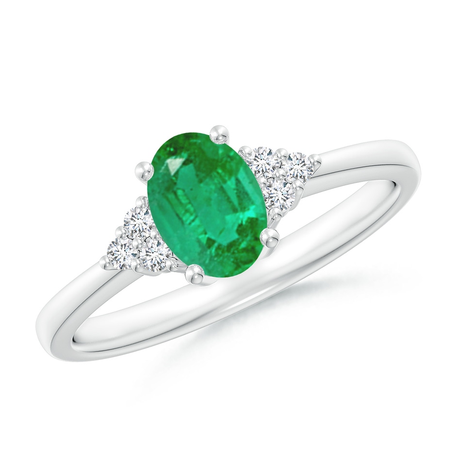 7x5mm AA Solitaire Oval Emerald Ring with Trio Diamond Accents in White Gold 