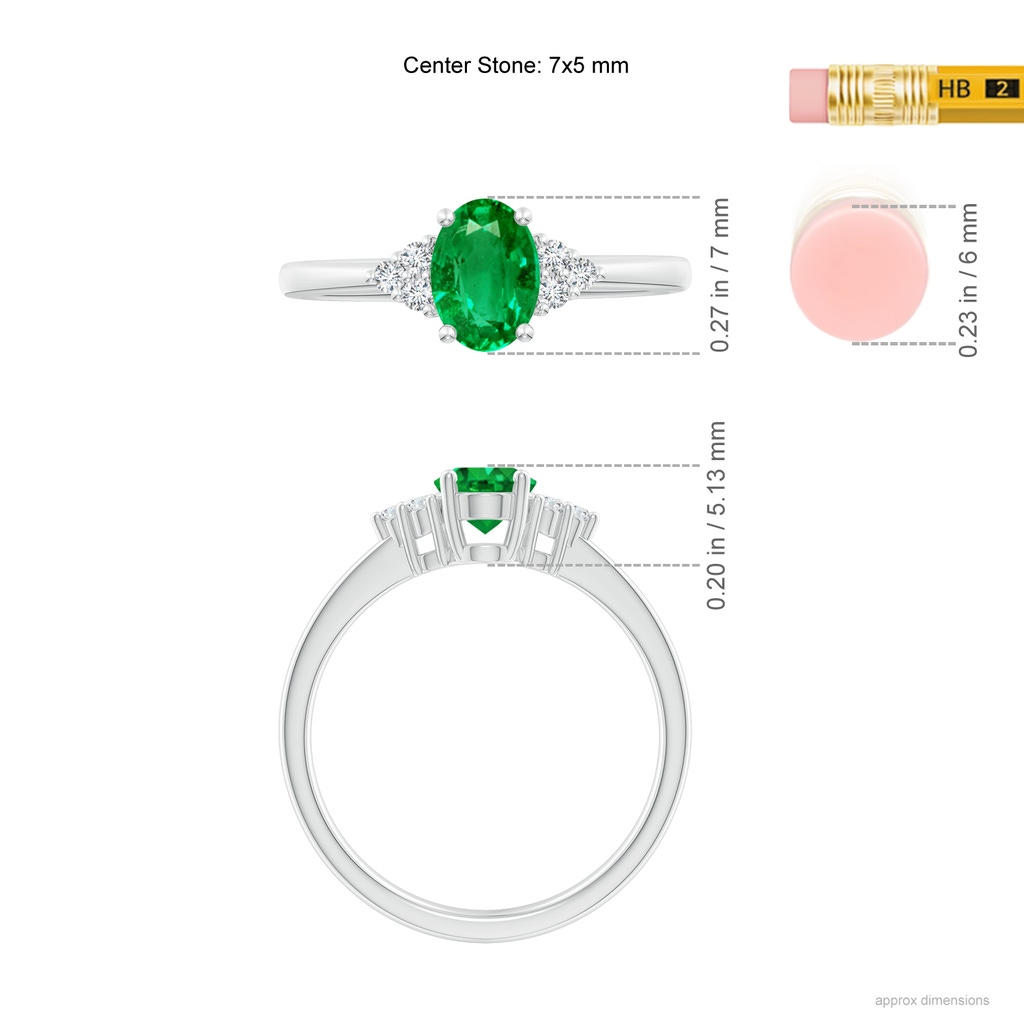 7x5mm AAA Solitaire Oval Emerald Ring with Trio Diamond Accents in P950 Platinum ruler