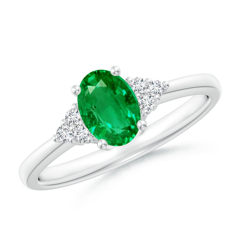 Solitaire Oval Emerald Ring with Trio Diamond Accents