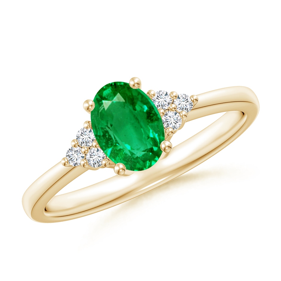 7x5mm AAA Solitaire Oval Emerald Ring with Trio Diamond Accents in Yellow Gold 