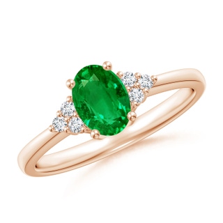 7x5mm AAAA Solitaire Oval Emerald Ring with Trio Diamond Accents in 9K Rose Gold