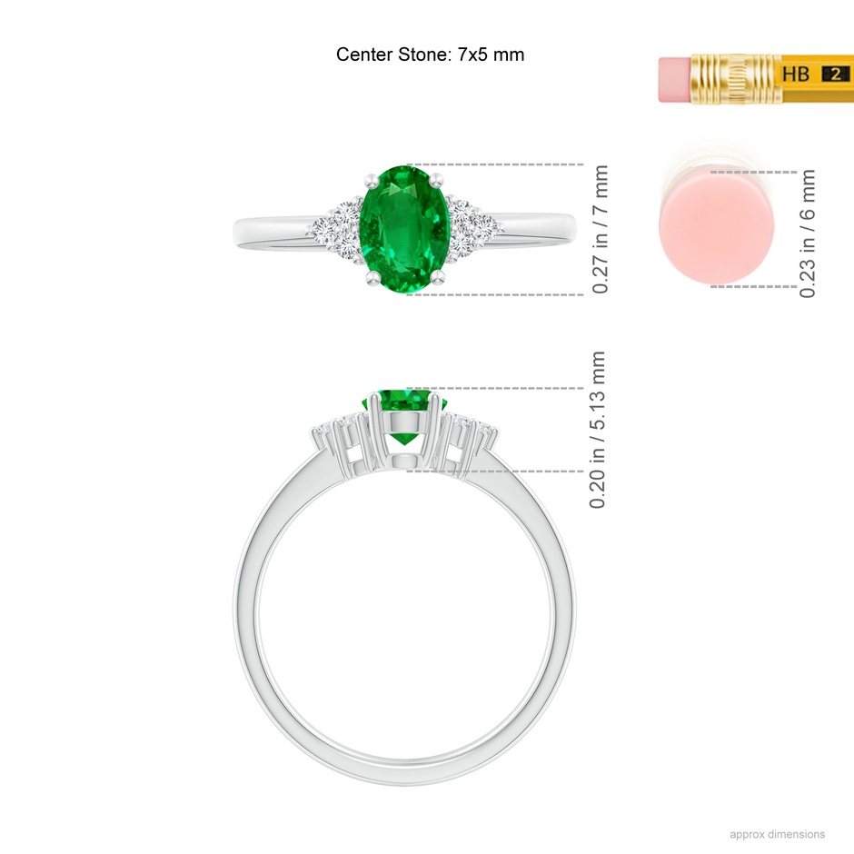 7x5mm AAAA Solitaire Oval Emerald Ring with Trio Diamond Accents in White Gold ruler