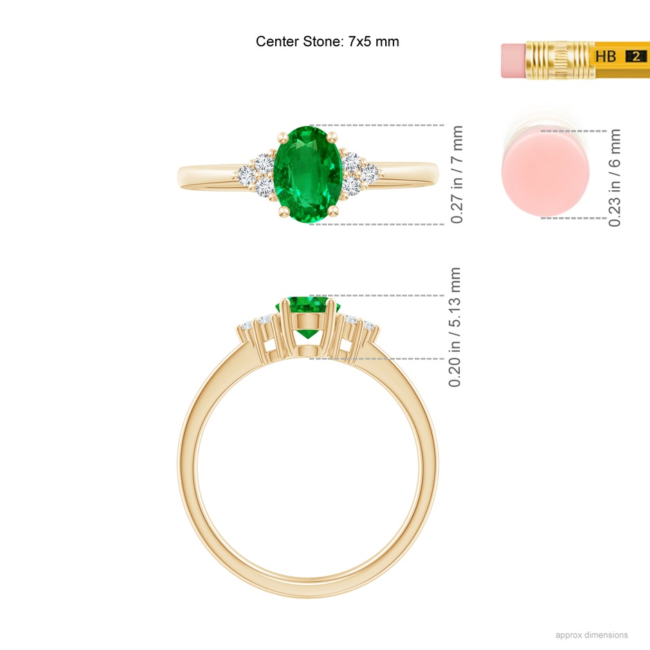 7x5mm AAAA Solitaire Oval Emerald Ring with Trio Diamond Accents in Yellow Gold ruler