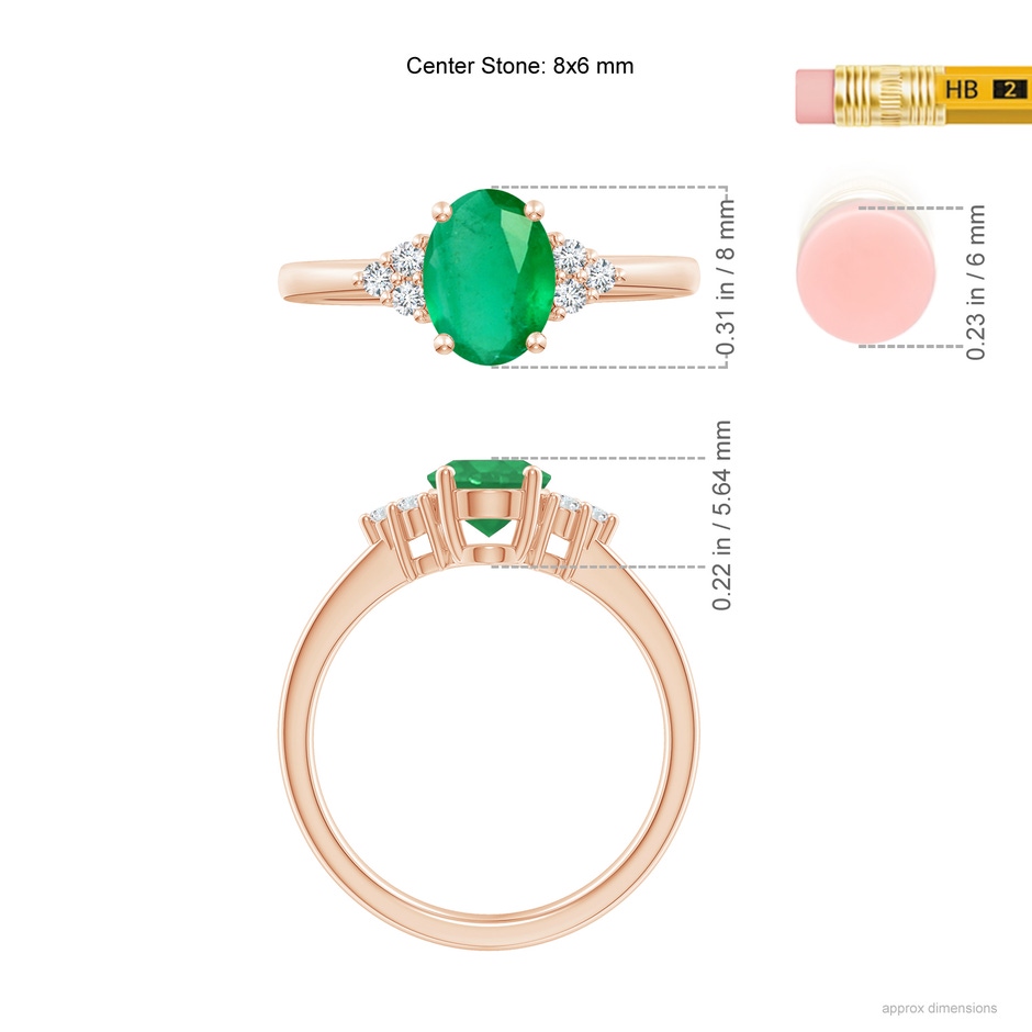 8x6mm A Solitaire Oval Emerald Ring with Trio Diamond Accents in Rose Gold ruler