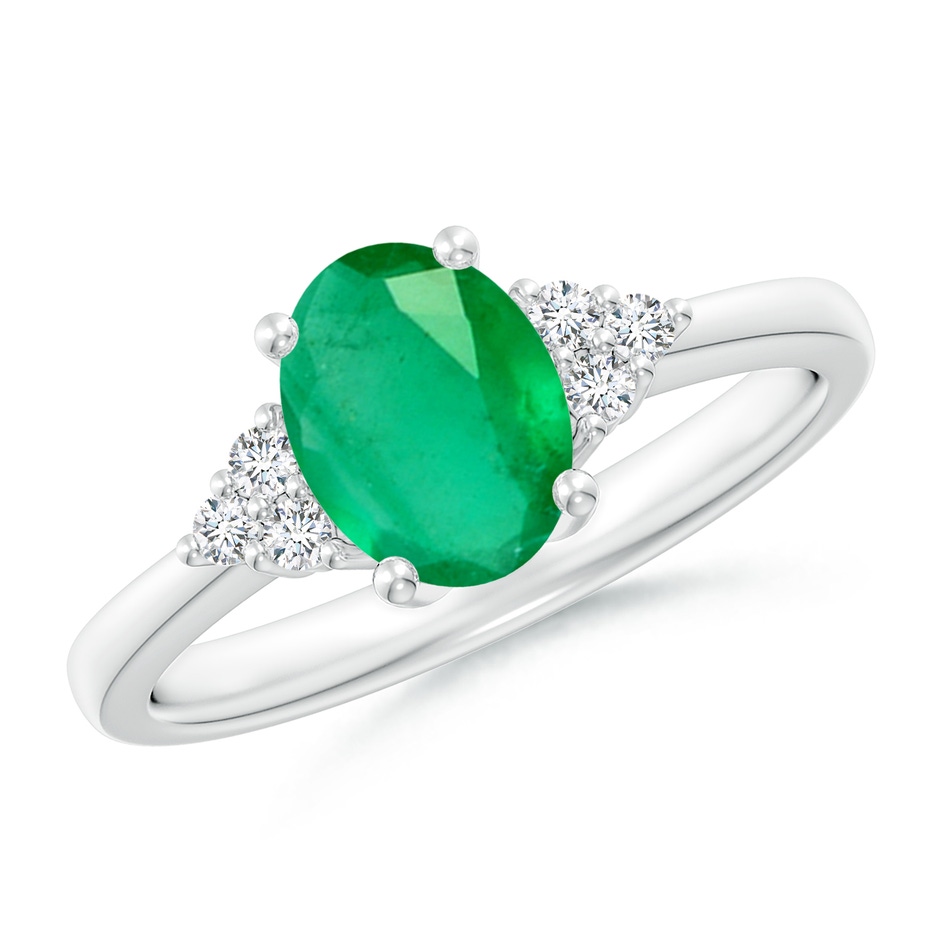 8x6mm A Solitaire Oval Emerald Ring with Trio Diamond Accents in White Gold 