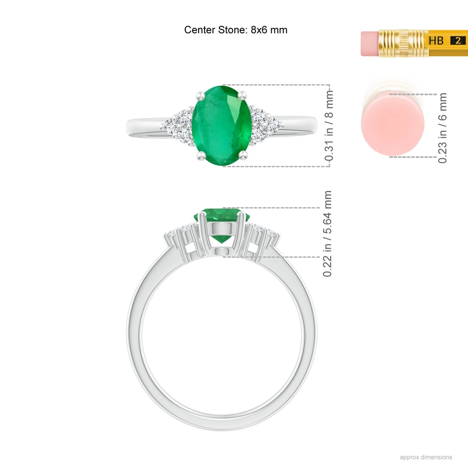 8x6mm A Solitaire Oval Emerald Ring with Trio Diamond Accents in White Gold ruler
