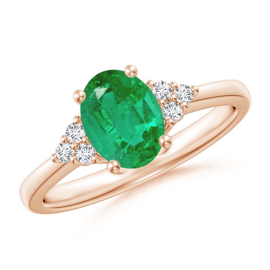 8x6mm AA Solitaire Oval Emerald Ring with Trio Diamond Accents in Rose Gold 
