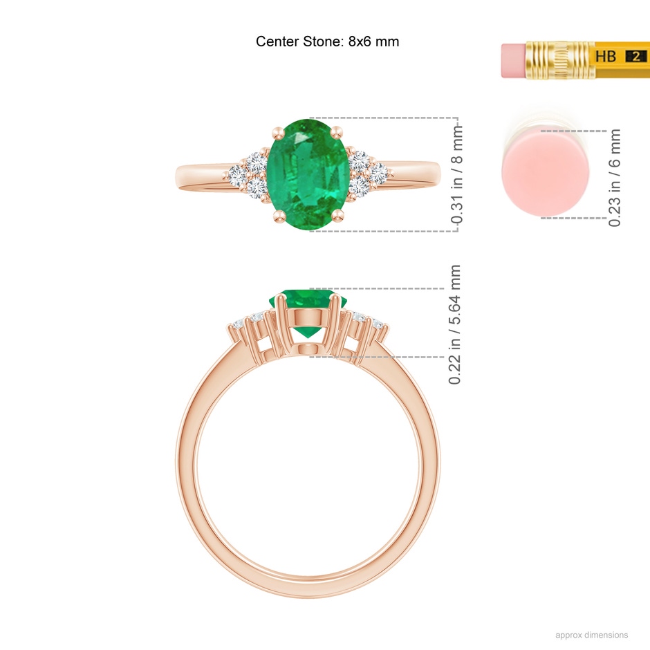 8x6mm AA Solitaire Oval Emerald Ring with Trio Diamond Accents in Rose Gold ruler