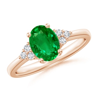 8x6mm AAAA Solitaire Oval Emerald Ring with Trio Diamond Accents in 9K Rose Gold
