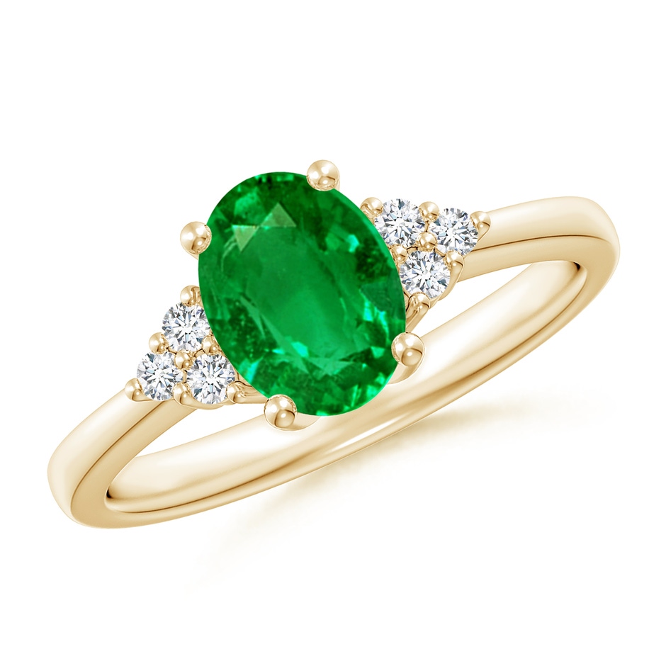 8x6mm AAAA Solitaire Oval Emerald Ring with Trio Diamond Accents in Yellow Gold 