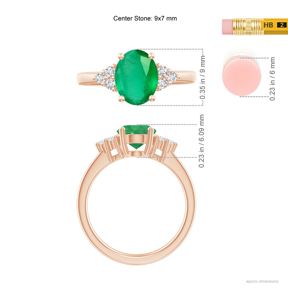 9x7mm A Solitaire Oval Emerald Ring with Trio Diamond Accents in Rose Gold ruler