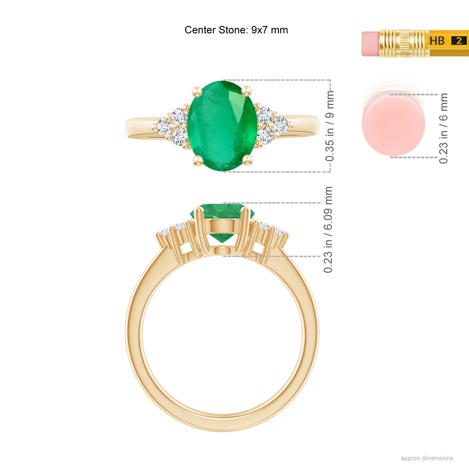 9x7mm A Solitaire Oval Emerald Ring with Trio Diamond Accents in Yellow Gold ruler