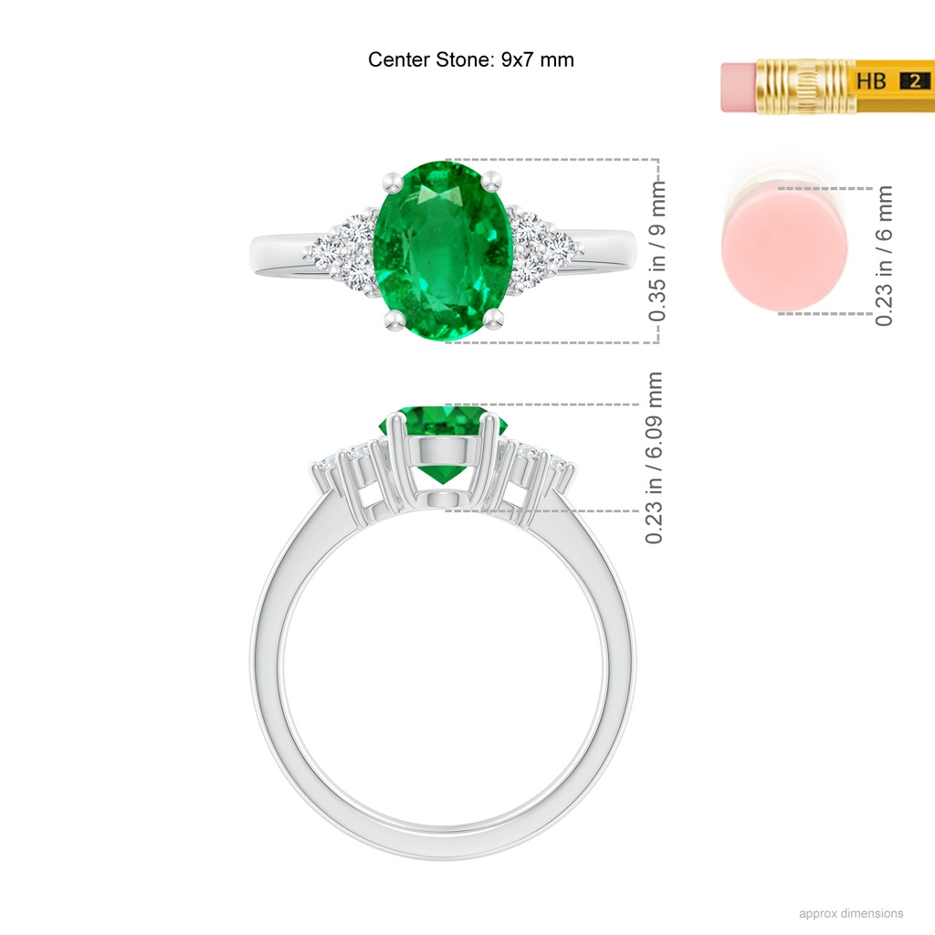 9x7mm AAA Solitaire Oval Emerald Ring with Trio Diamond Accents in P950 Platinum ruler